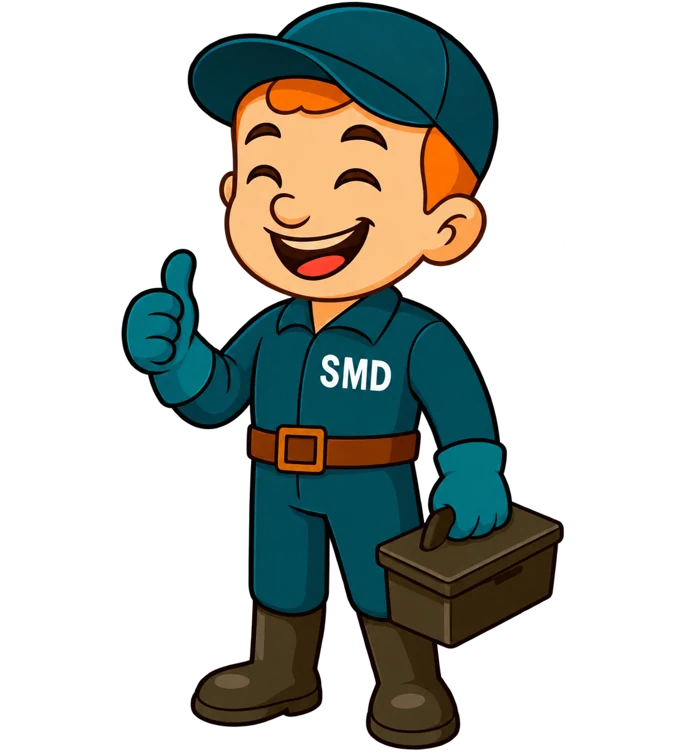 Mascote da Senen Melo com uniforme SMD, fazendo um joinha e segurando uma maleta.
