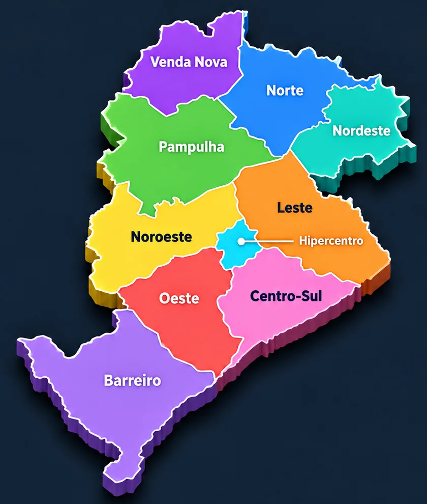 Mapa ilustrativo de Belo Horizonte com as regionais Venda Nova, Norte, Nordeste, Pampulha, Noroeste, Leste, Hipercentro, Oeste, Centro-Sul e Barreiro, cada uma em uma cor.