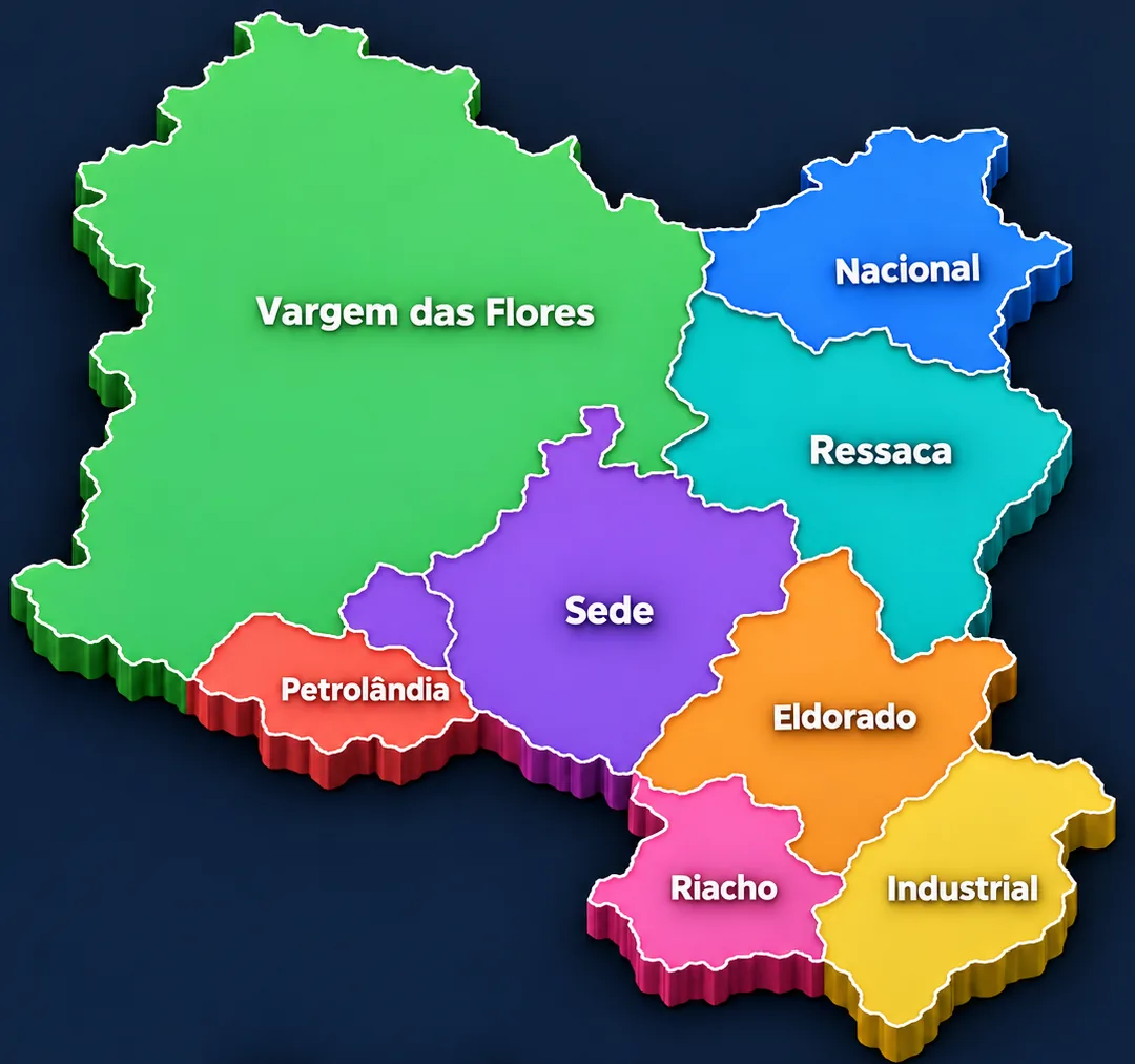 Mapa ilustrativo de Contagem com as regionais Vargem das Flores, Nacional, Ressaca, Sede, Petrolândia, Eldorado, Riacho e Industrial, cada uma em uma cor.