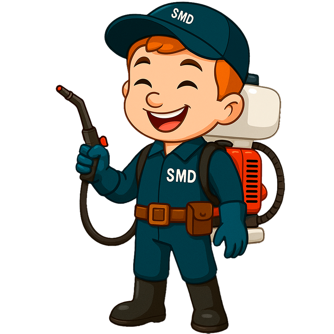 dedetização mascote Yuri da Senen Melo Dedetizadora segurando um atomizador costal a gasolina para desinsetização de ambiente