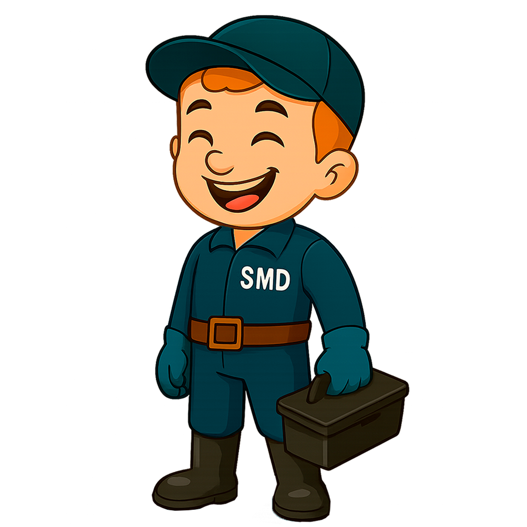 mascote Yuri da Senen Melo Dedetizadora segurando um atomizador costal a gasolina para desinsetização de ambiente